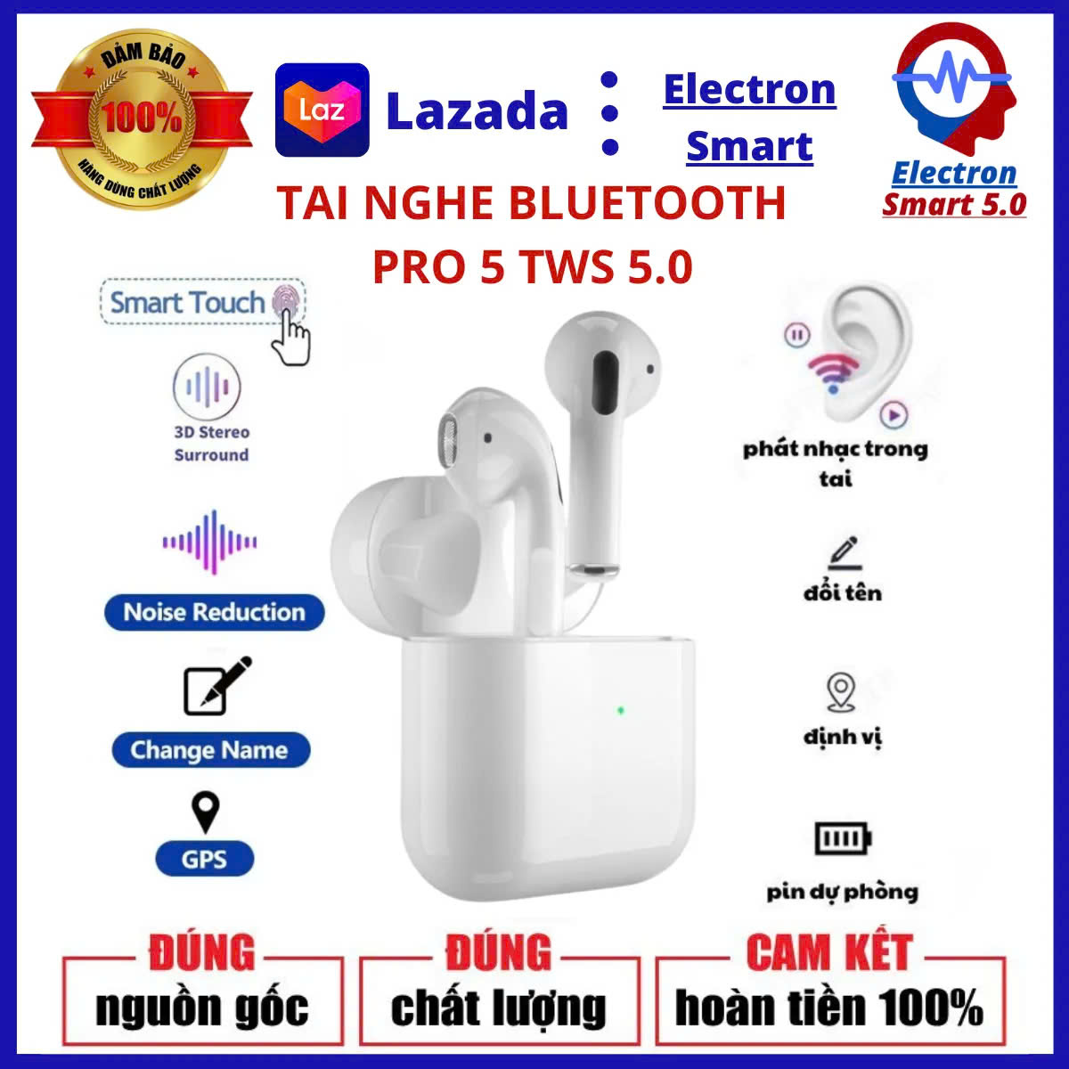 Tai Nghe Bluetooth Pro 5 TWS 5.0 Công Nghệ Xuyên Âm, Chống Ồn Chủ Động, Cảm Ứng Lực, Kháng Nước và Mồ Hôi IPX4, Bass Cực Mạnh, Pin Trâu Tới 19h, Kết Nối Bluetooth Với Mọi Thiết Bị, BH 12 Tháng