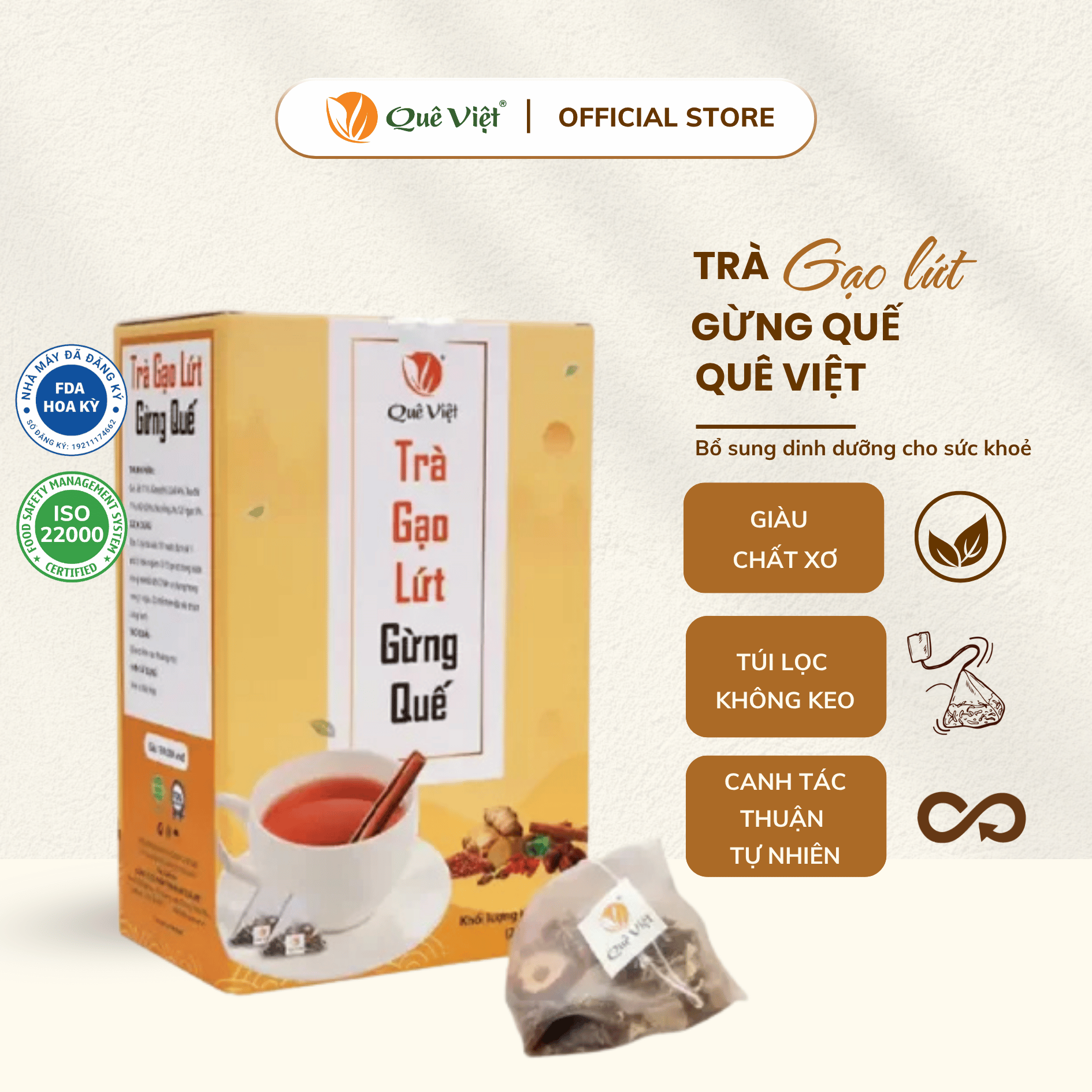 Trà Gạo lứt Gừng Quế Quê Việt ấm bụng ngày dâu hộp [400gr(20 gói x 20gram)]