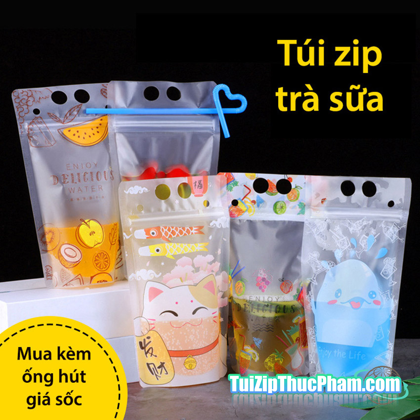 100 cái túi zip trà sữa size 13x23 cm đựng khoảng 450-500ml nước, túi zipper đựng đồ uống, túi zip đựng nước ép hoạt hình 051323