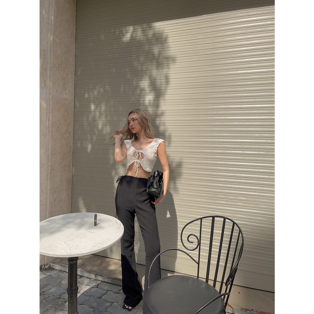 Áo croptop ren nhún cột 2 nơ aura top - tipblu