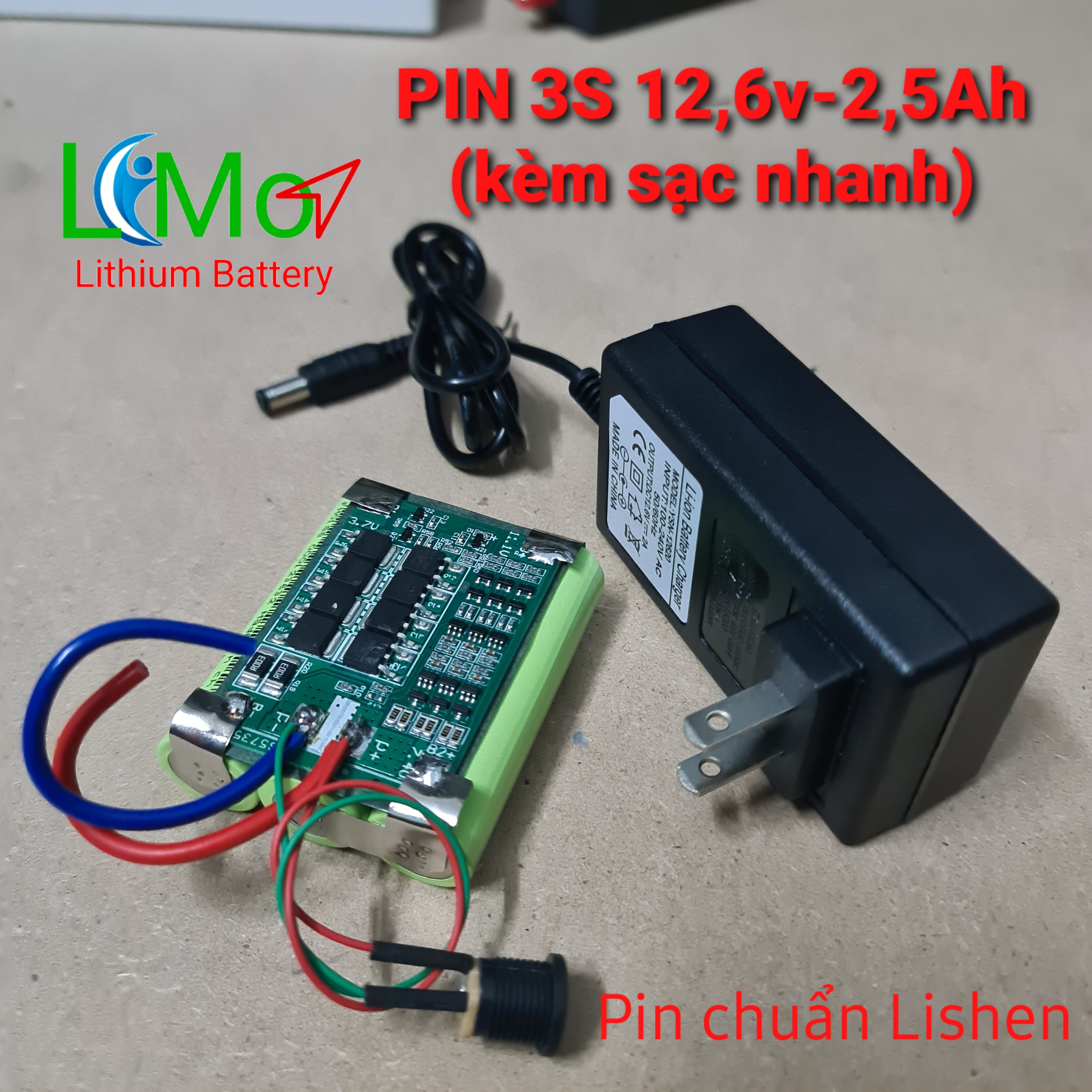 Khối pin 3S 12,6v - 2,5Ah (pin mới, chuẩn dung lượng). Tặng kèm sạc nhanh Pin lithium 12,6v. Gồm 3 Pin sạc Lishen 2600mAh nối 3S + Mạch bảo vệ pin + sạc pin lithium 3S - LiMo