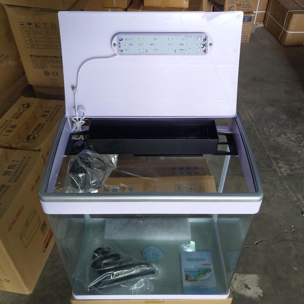 Bể cá, bể cá để bàn văn phòng MJ 460, kính đúc nhập khẩu Minjiang, kèm hệ thống lọc, đèn cảm ứng đổi 3 màu
