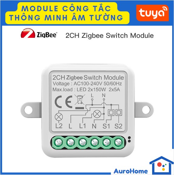 Module công tắc thông minh siêu nhỏ âm tường Tuya Zigbee 3.0 loại 2 nút bấm
