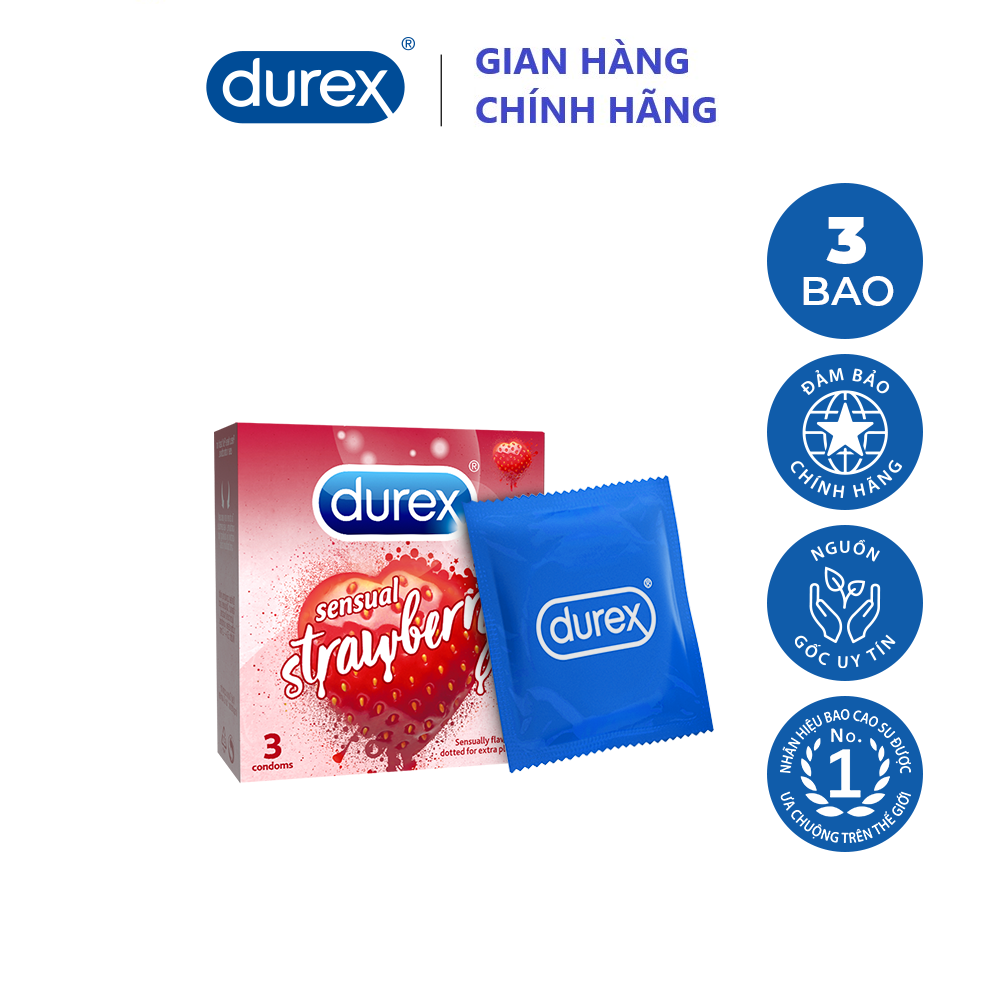[HCM]Bao cao su Durex Sensual Strawberry 3S thành phần an toàn từ mủ cao su cao cấp có chứa gel bôi trơn mùi dâu thơm dịu