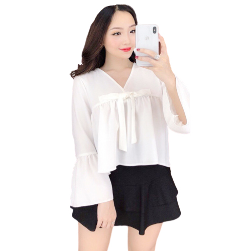 [HCM]Áo Kiều Croptop Nữ Tay Dài Xòe Thắt Nơ Cổ Thời Trang Xuân Hè Phong Cách Hiện Đại Mẫu Mã Mới Av 48