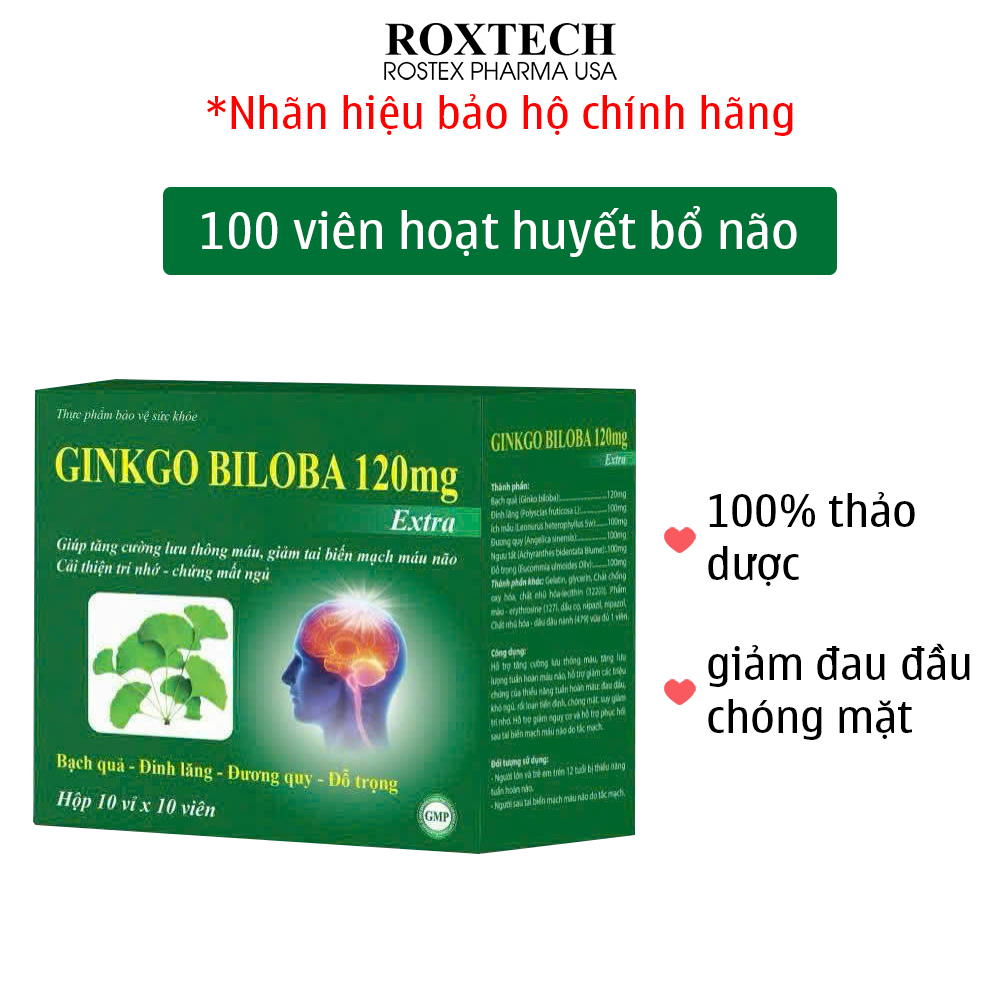 Hoạt huyết dưỡng não Ginkgo Biloba 120mg bào chế từ cao đinh lăng, cao đương quy giảm đau đầu, hoa mắt, chóng mặt, giảm rối loạn tiền đình - 100 viên