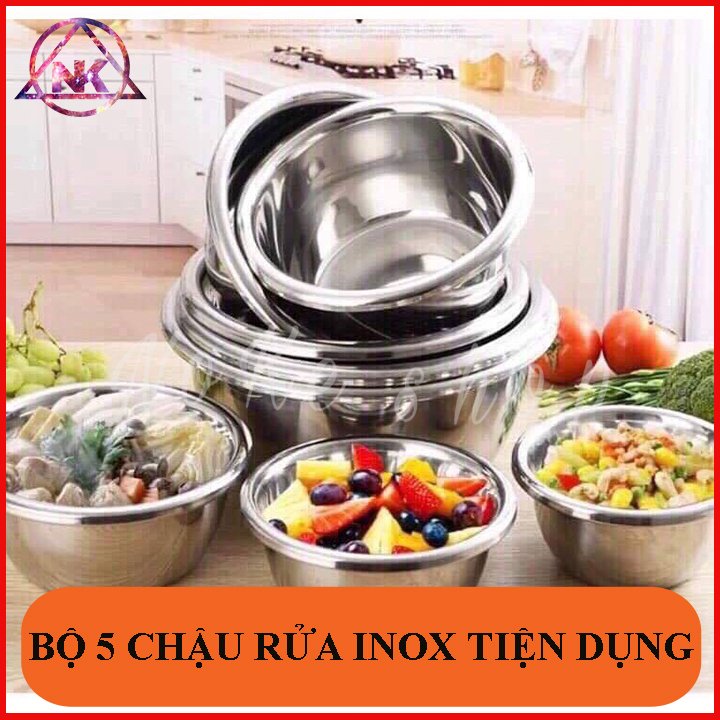 Set 5 món rổ inox - 4 chậu + 1 rổ kích cở khác nhau tiện dụng phù hợp, sang trọng cho mọi gian bếp