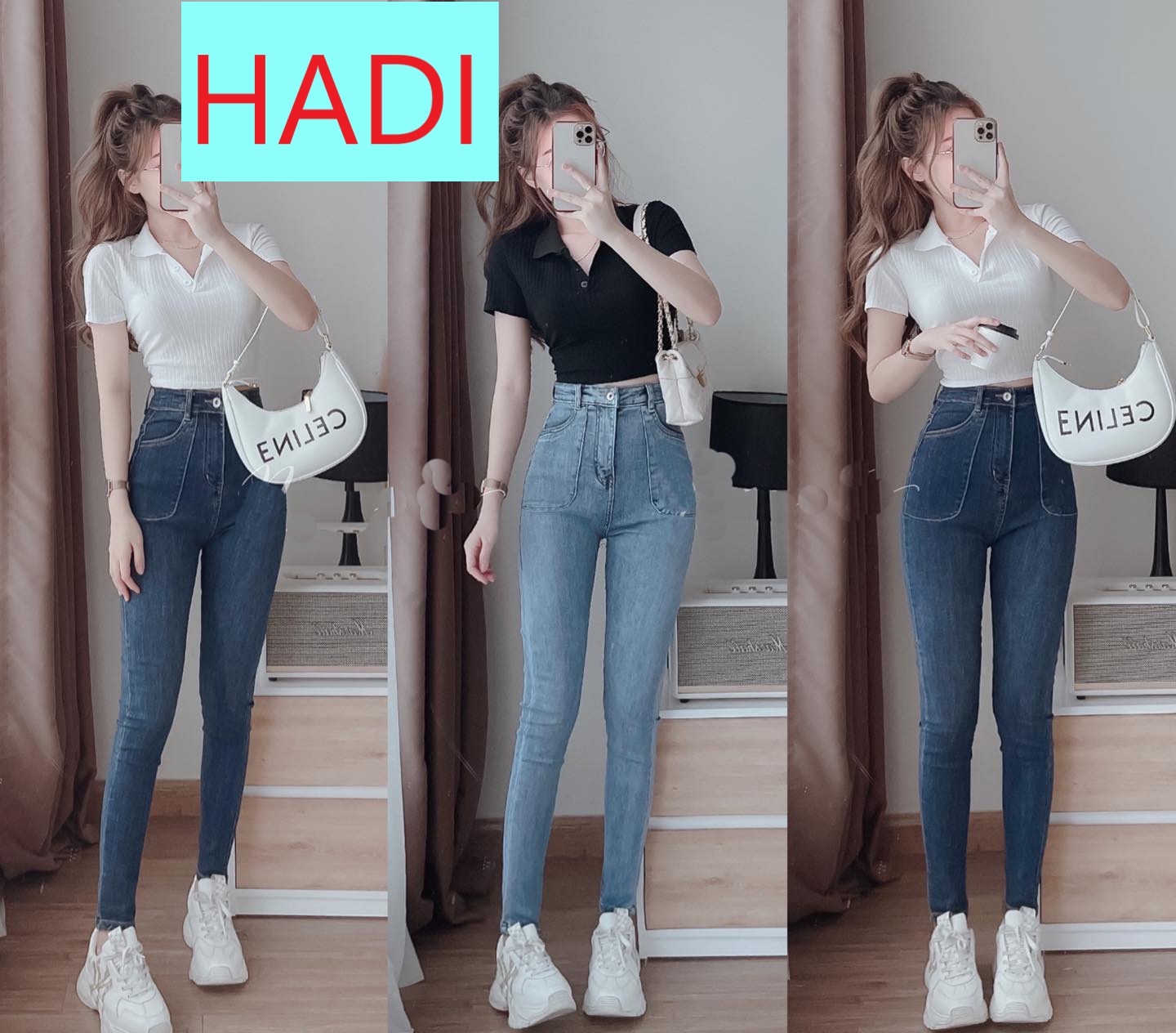 [ VÔ ĐỐI ] QUẦN SKINNY JEANS GIÃN DÀI NỮ LƯNG CAO 2 TÚI BO TRƯỚC MÀU XANH NHẠT XANH ĐẬM CHẤT BÒ GIÃN CAO CẤP HADI VÚT BAY THỜI TRANG HOT HIT