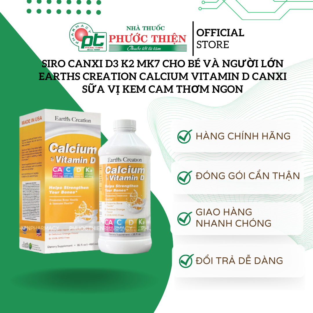 Siro canxi d3 k2 mk7 cho bé và người lớn Earths Creation Calcium Vitamin D canxi sữa vị kem cam thơm ngon
