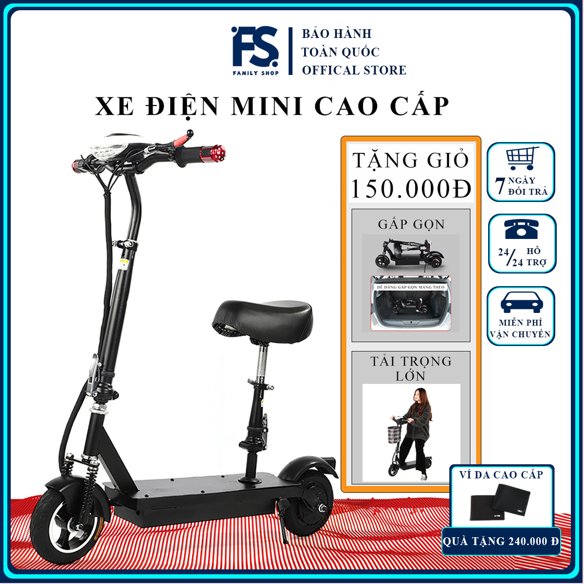 Xe điện mini E Scooter phiên bản cao cấp đèn pin chiếu sáng, giảm sốc 2 tầng có thể gấp gọn tặng kèm giỏ đựng đồ tiện lợi  lỗi 1 đổi 1 trong 7 ngày đầu