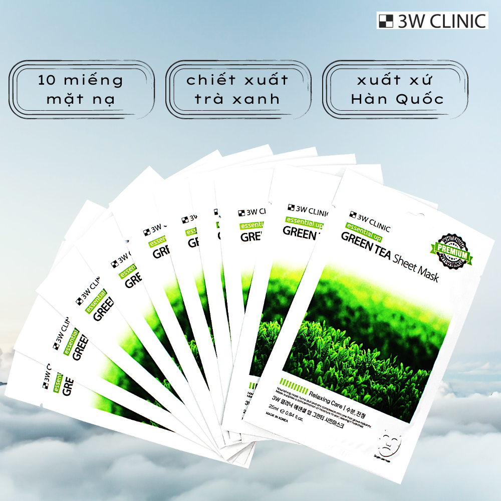 Hộp 10 Miếng Mặt Nạ Dưỡng Da Cao Cấp Trà Xanh 3W Clinic Essential Up Green Tea 25mlx10