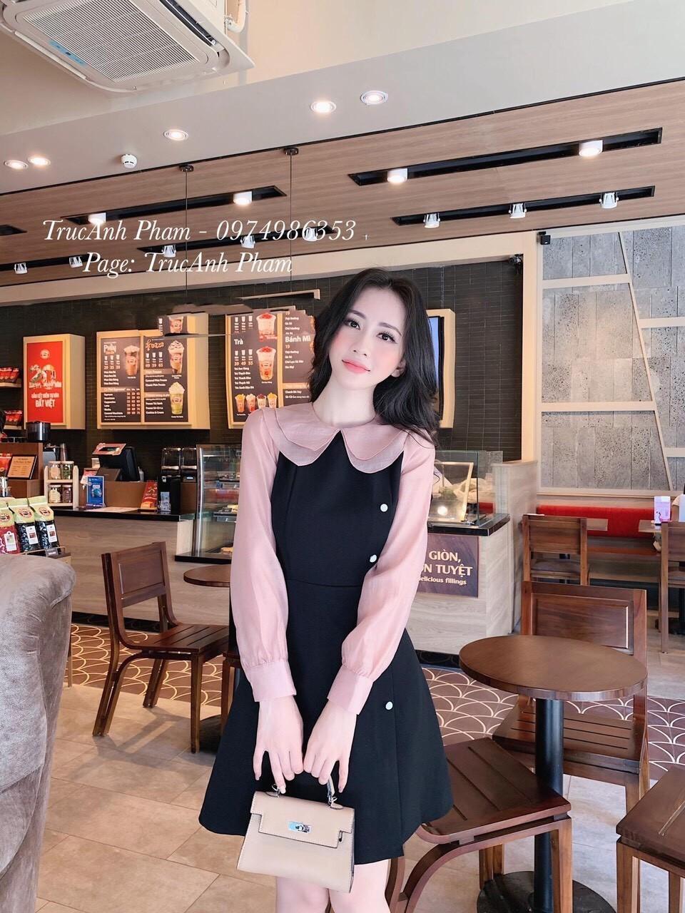 Đầm tiểu thư phối màu đen hồng xinh xắn