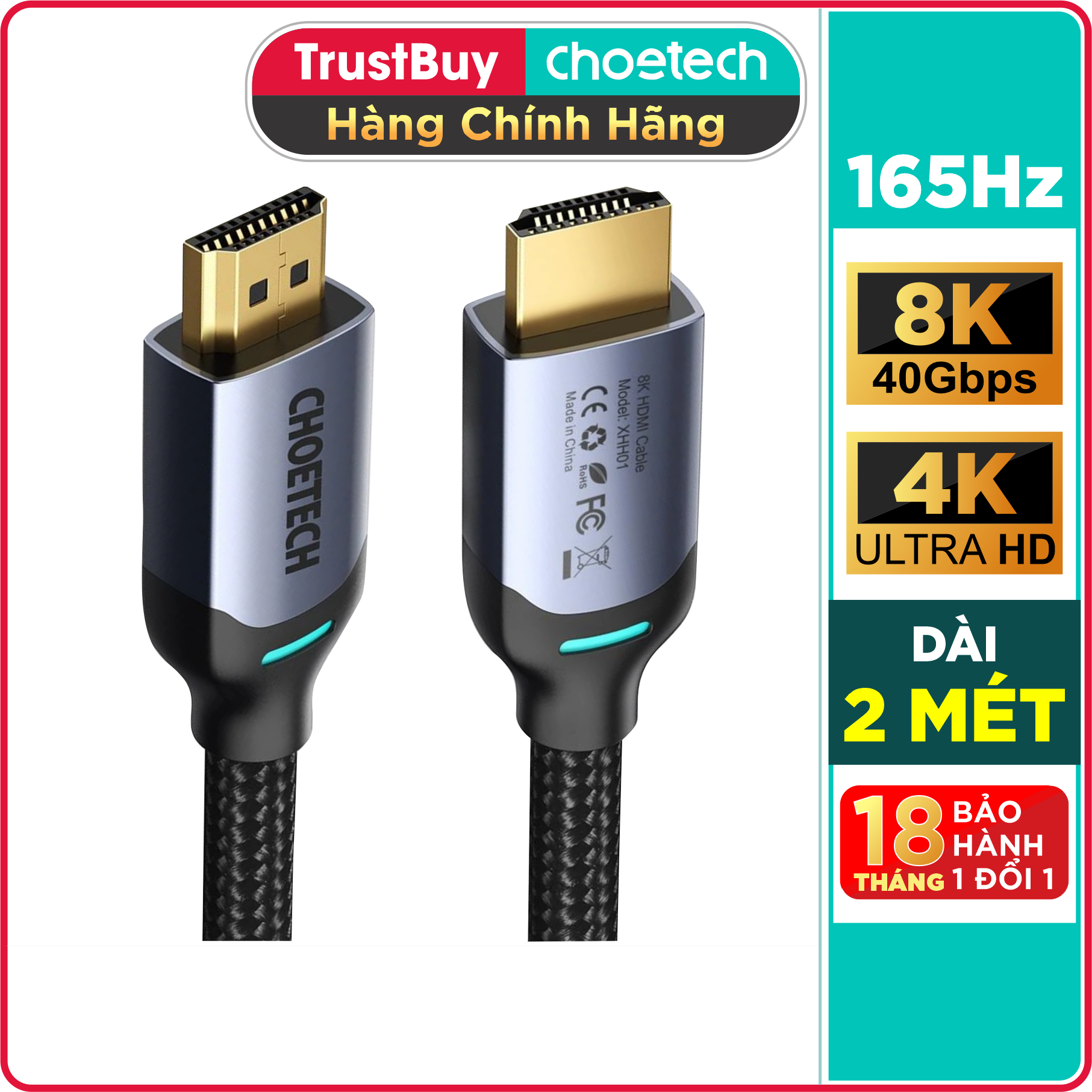 Cáp hdmi 2.1 8k 48gbps, 4k 165hz dài 2m choetech xhh01 tivi/ máy tính/ playstaysion - hdmi cable