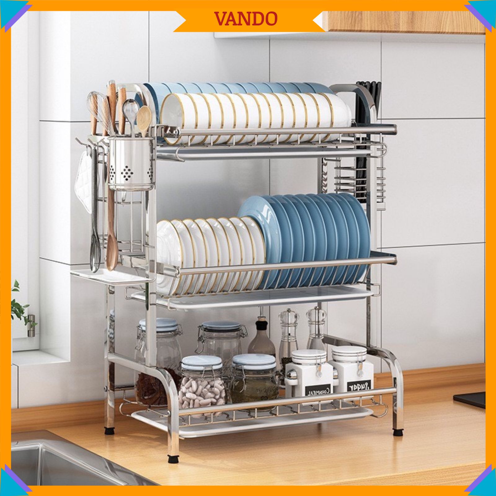 Kệ Để Chén Đĩa Inox 304 VANDO Giá Bát Nhỏ Có Khay Hứng Nước