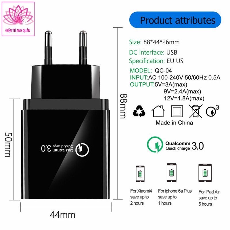 Củ Sạc cóc sạc điện thoại sạc Nhanh , Ba Cổng quick charge Qualcomm 3.0 Sạc An Toàn.