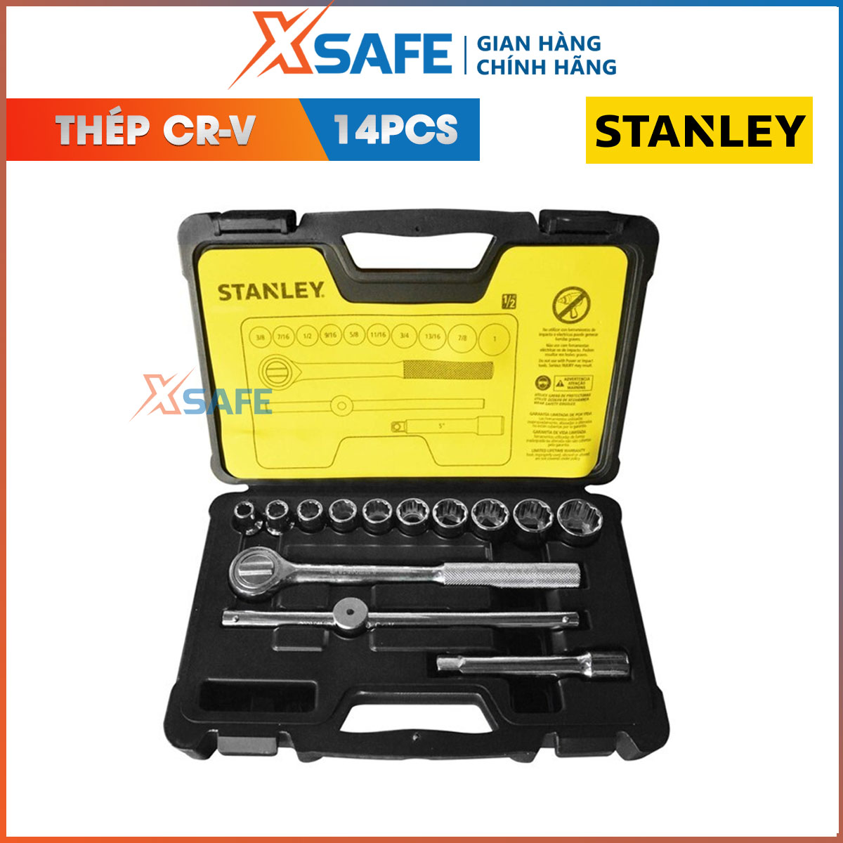 Đầu tuýp 1/2 inch dr 12pt met stanley 86-501 14 chi tiết đầu tuýp stanley làm từ thép cr-v cứng cáp, không gỉ sét và bề mặt được đánh bóng, sử dụng tiện lợi hơn với cần xiết, cần nối và hộp đựng