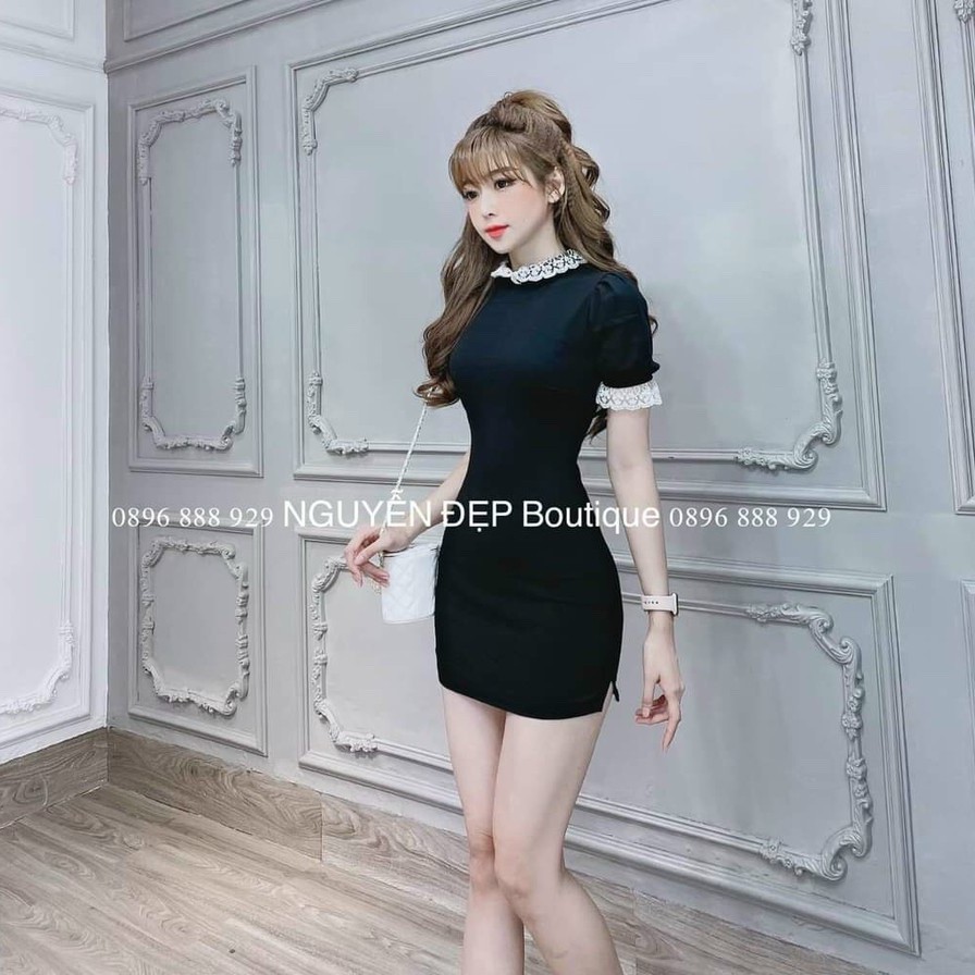 Váy đầm nữ body cổ tay phối ren xẻ đùi ht33