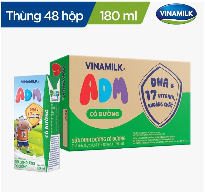 Sữa dinh dưỡng Vinamilk ADM Có Đường - Thùng 48 hộp 180ml