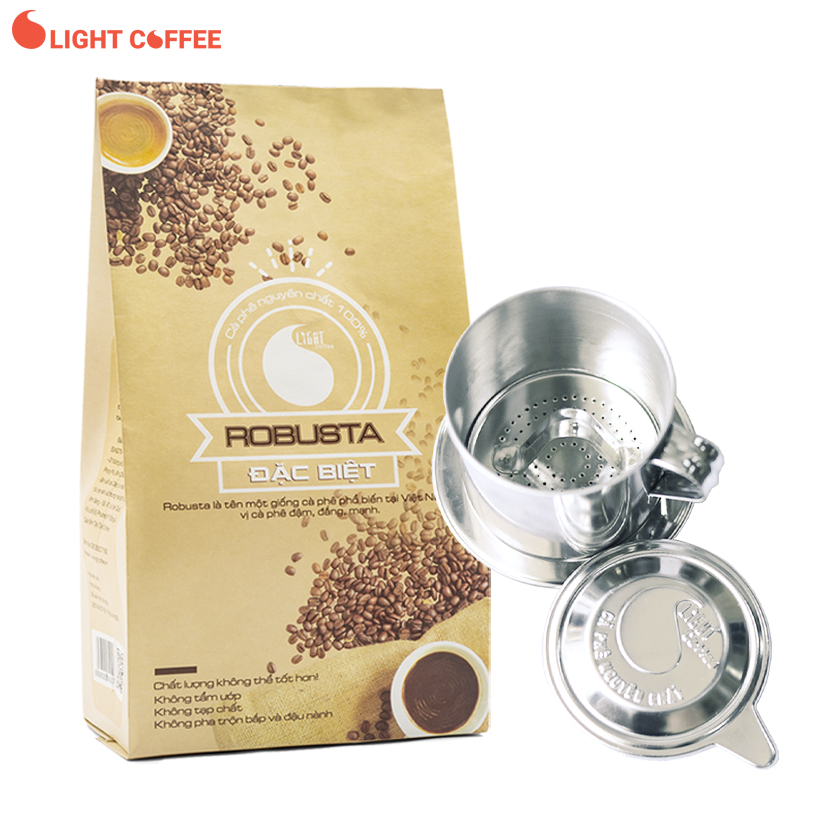 Combo phin pha cà phê inox cao cấp và cà phê bột nguyên chất 100% Robusta đặc biệt Light Coffee 500gr