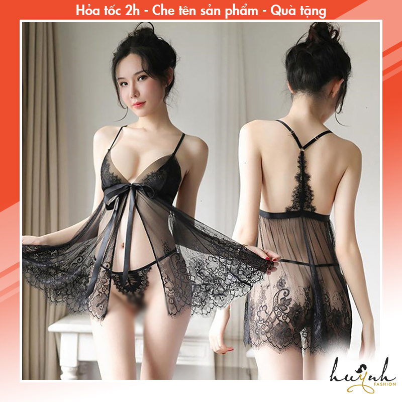 Váy ngủ ren xuyên thấu xẻ tà trước phối nơ sexy gợi cảm - n38
