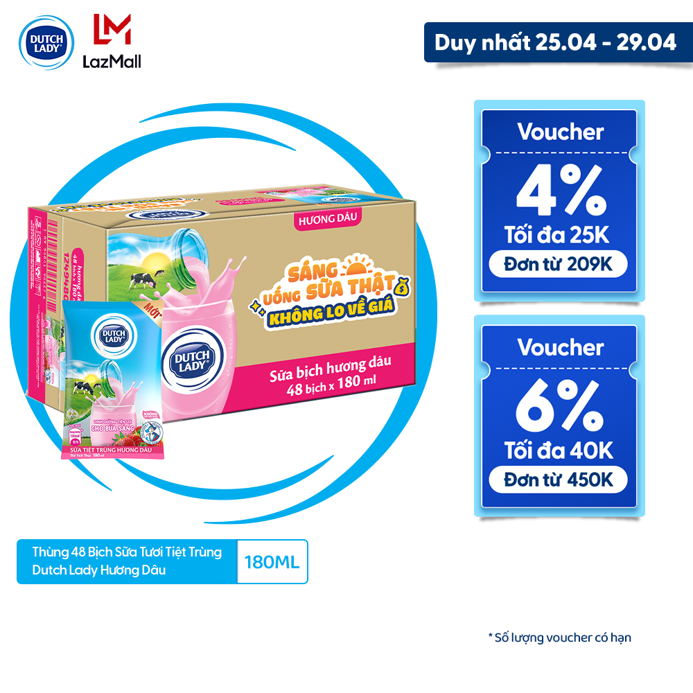 [25 - 29/4 VOUCHER ĐẾN 1 TRIỆU] Thùng 48 Bịch Sữa Tiệt Trùng Dutch Lady Cô Gái Hà Lan Hương Dâu 180ml
