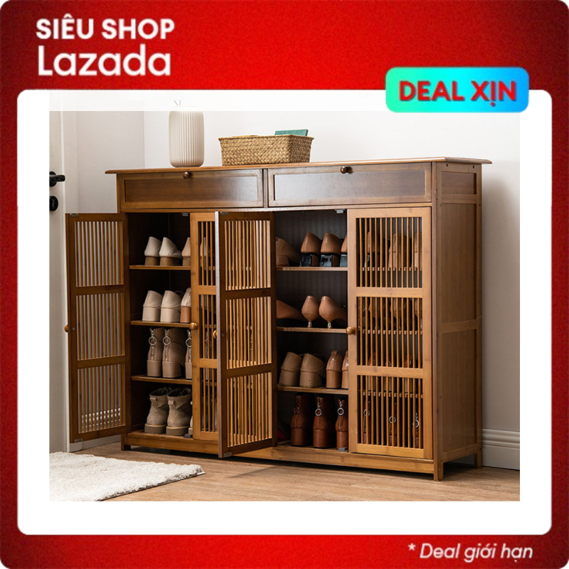 Kệ Để Giày Dép Bằng Gỗ Tre Cửa Mở Hoặc Cửa Lùa Họa Tiết Mây Tre Đan, Tủ Giày Thông Minh Nhiều Tầng Tân Cổ Điển Độc Đẹp Rộng 87-117cm, Tủ Giày Dép Phòng Khách Decor Sang Trọng Của Vip House