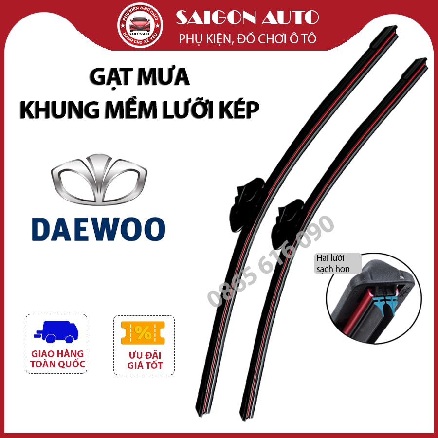Gạt mưa ô tô LƯỠI KÉP, gạt kính 2 lưỡi xe oto Daewoo Gentra, Lacetti, Matiz, Nubira, Leganza thanh cần gạt nước mưa 2 lưỡi khung mềm đa năng, gạt kính ô tô luoikep gạt mưa ô tô xe hơi lưỡi kép 4,5,7 chỗ, gạt mưa hai lưỡi