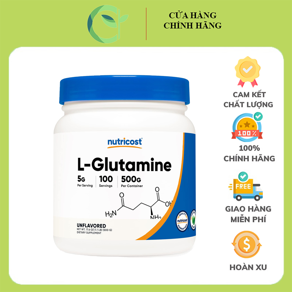 Nutricost L-Glutamine 500g - Hỗ Trợ Phục Hồi, Phát Triển Cơ Bắp, Tăng Cường Sức Khoẻ Đường Ruột