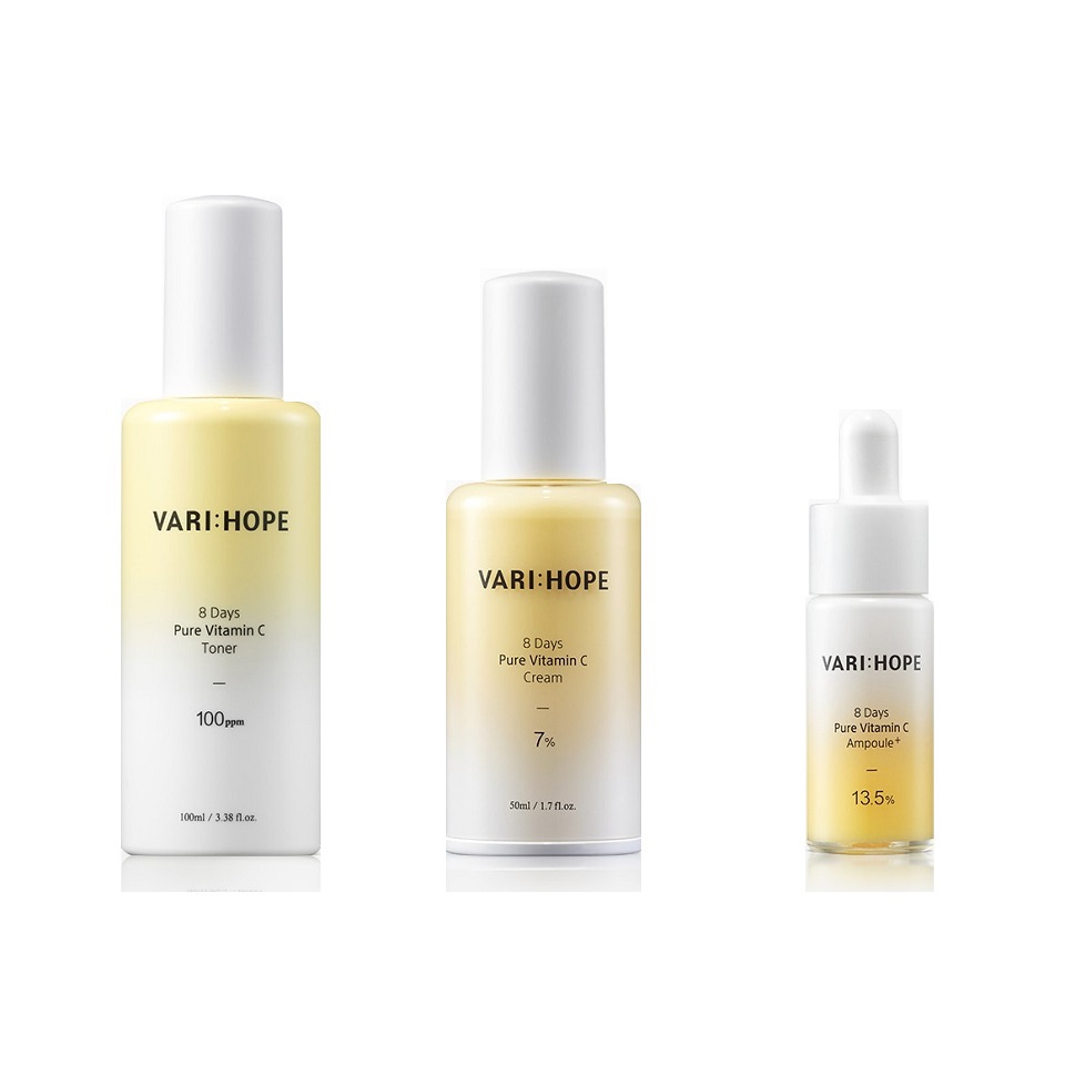 Combo 3 Sản Phẩm Làm Sáng Da, Mờ Thâm Nám VariHope 8 Days Pure Vitamin C (Toner 100ml + Serum 15ml + Kem dưỡng 50ml)