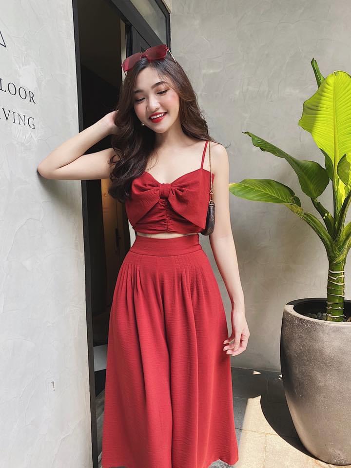 [HCM]Set bộ nữ áo croptop hai dây nơ ngực quần lửng ống rộng