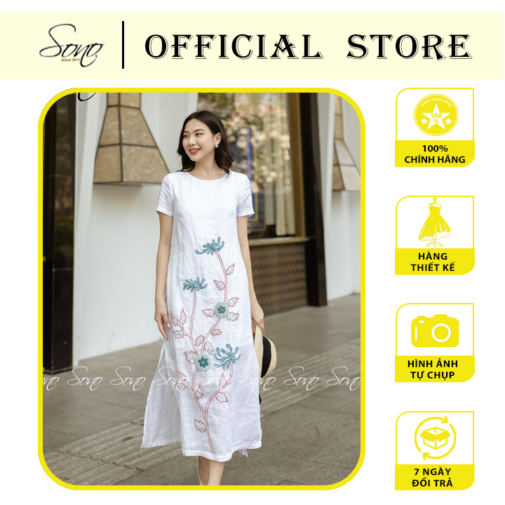 Sono - đầm linen trắng có tay dáng dài thêu 3 cành