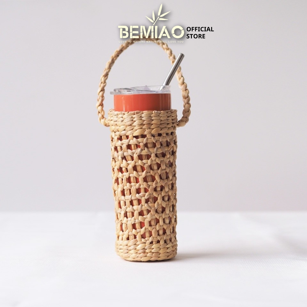 Túi đựng ly nước giữ nhiệt lục bình BEMIAO, giỏ cói quai xách trang trí decor, túi cói bèo hoa khô