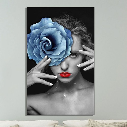 Tranh treo tường Canvas nghệ thuật cô gái bí ẩn bên bông hoa có khung 40x60cm
