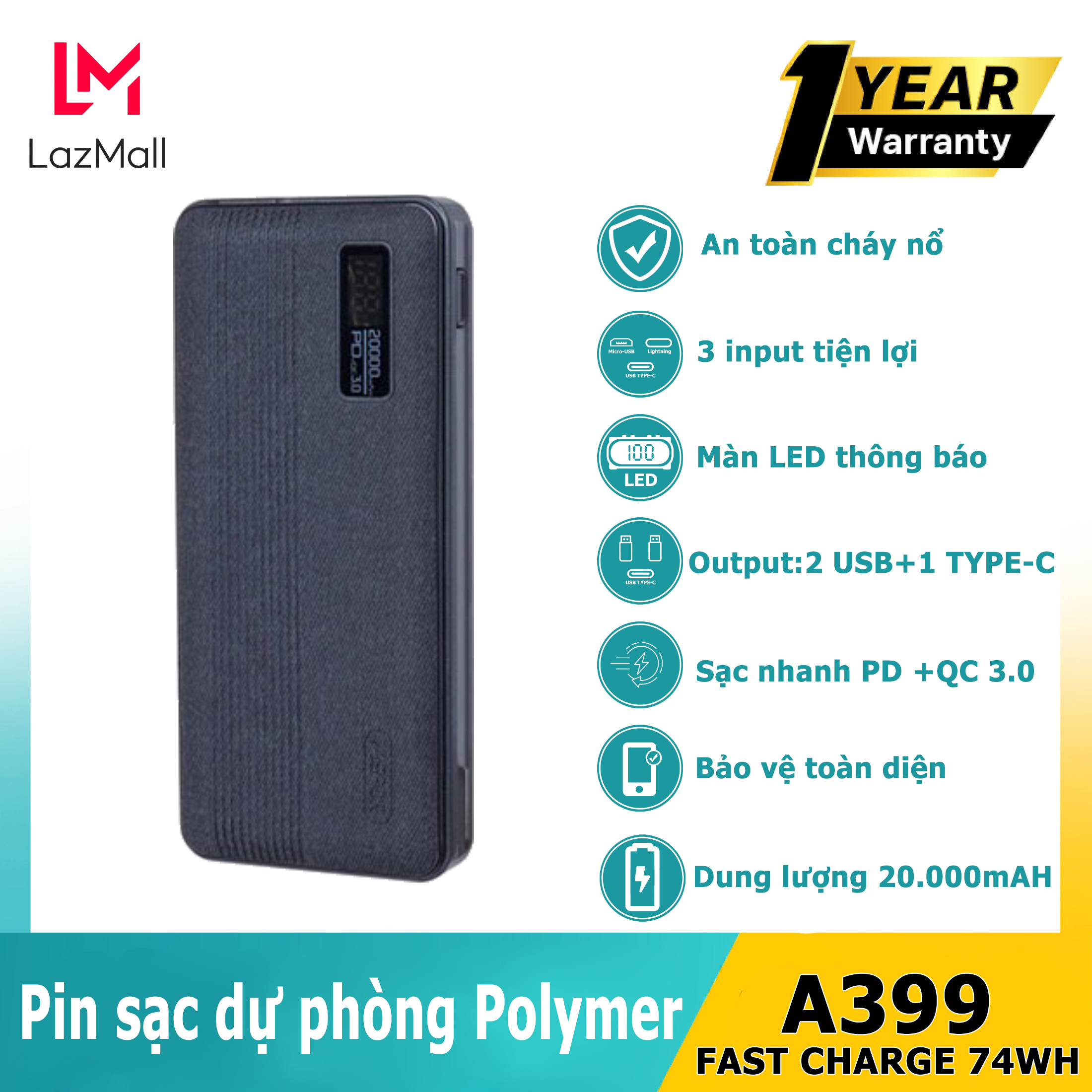 ASPOR A399 PD - BẢO HÀNH 12 THÁNG 1 ĐỔI 1 - Pin sạc dự phòng Polymer 20.000mAh - 74WH - Cục sạc dự phòng nhanh QC 3.0 và PD - Pin sạc dự phòng 2 USB và 1 cổng PD - Sạc pin dự phòng nhỏ gọn 3 input tiện lợi chống bám vân tay màn LED