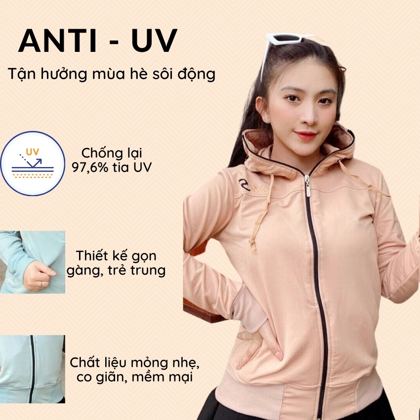 [freeship]áo khoác nữ chống nắng ANTI - UV khóa kéo cổ cao chống bụi chống nắng hiệu quả form từ 55kg trở xuống chất liệu co giãn 4 chiều - GIRLY STORE