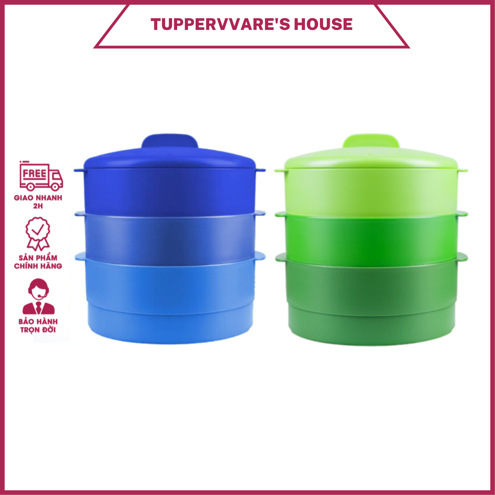 Xửng Hấp Tupperware Steam It 3 Tầng màu xanh lá