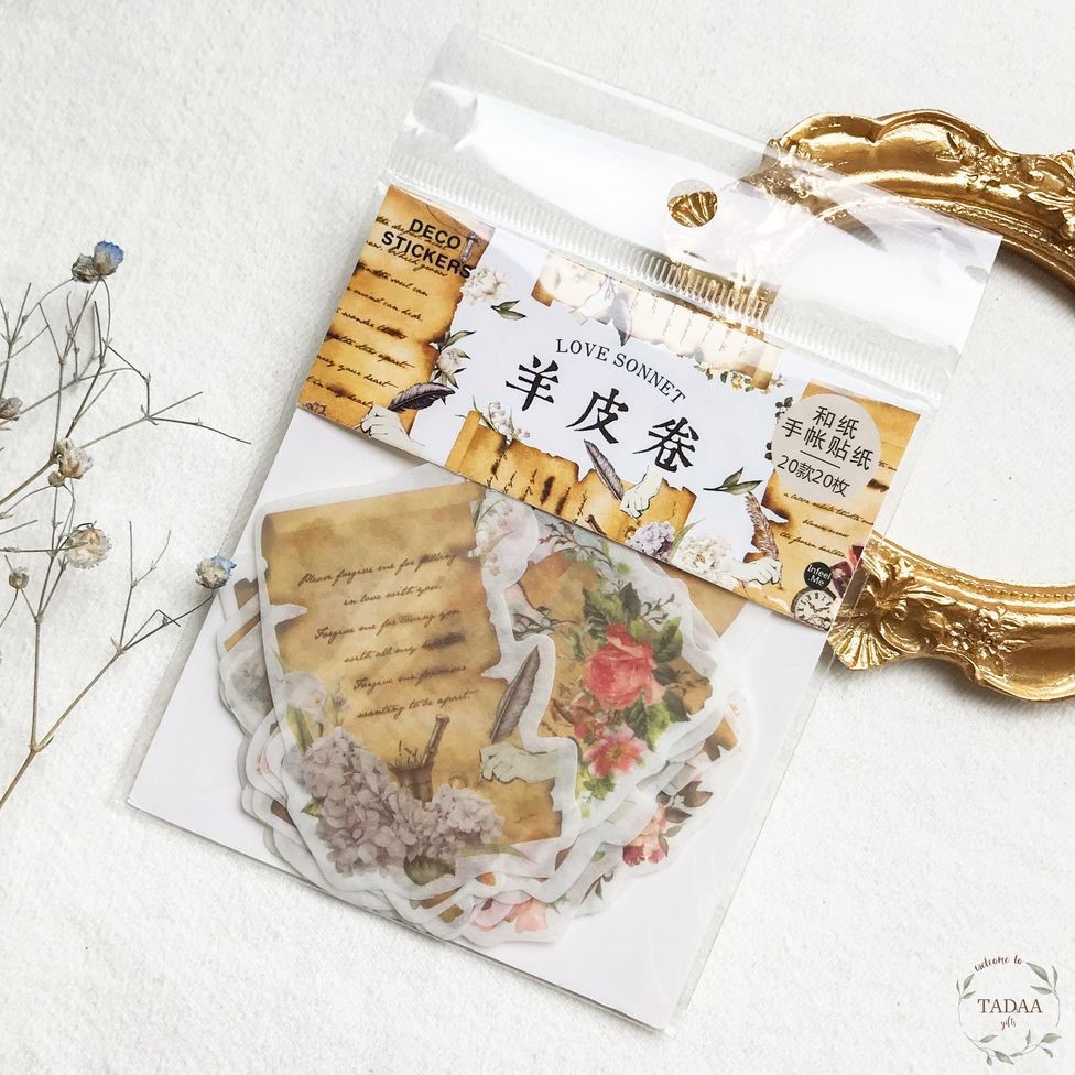 Set 20 sticker vintage hoa và chữ retro nâu
