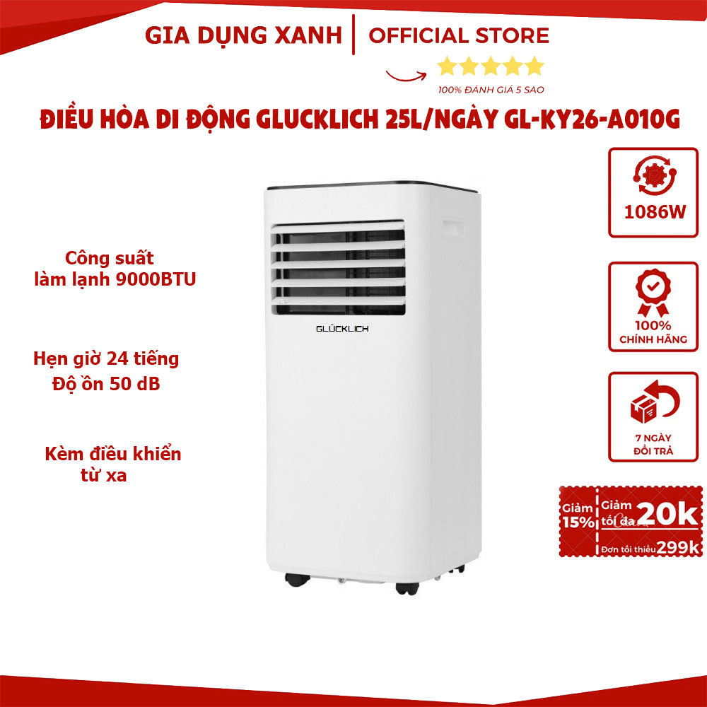 Điều hòa di động glucklich 25l/ngày gl-ky26-a010g, quạt điều hòa - có chức năng hút ẩm 24l/ngày - thương hiệu glücklich của đức, có điều khiển từ xa, bảo hành 12 tháng !