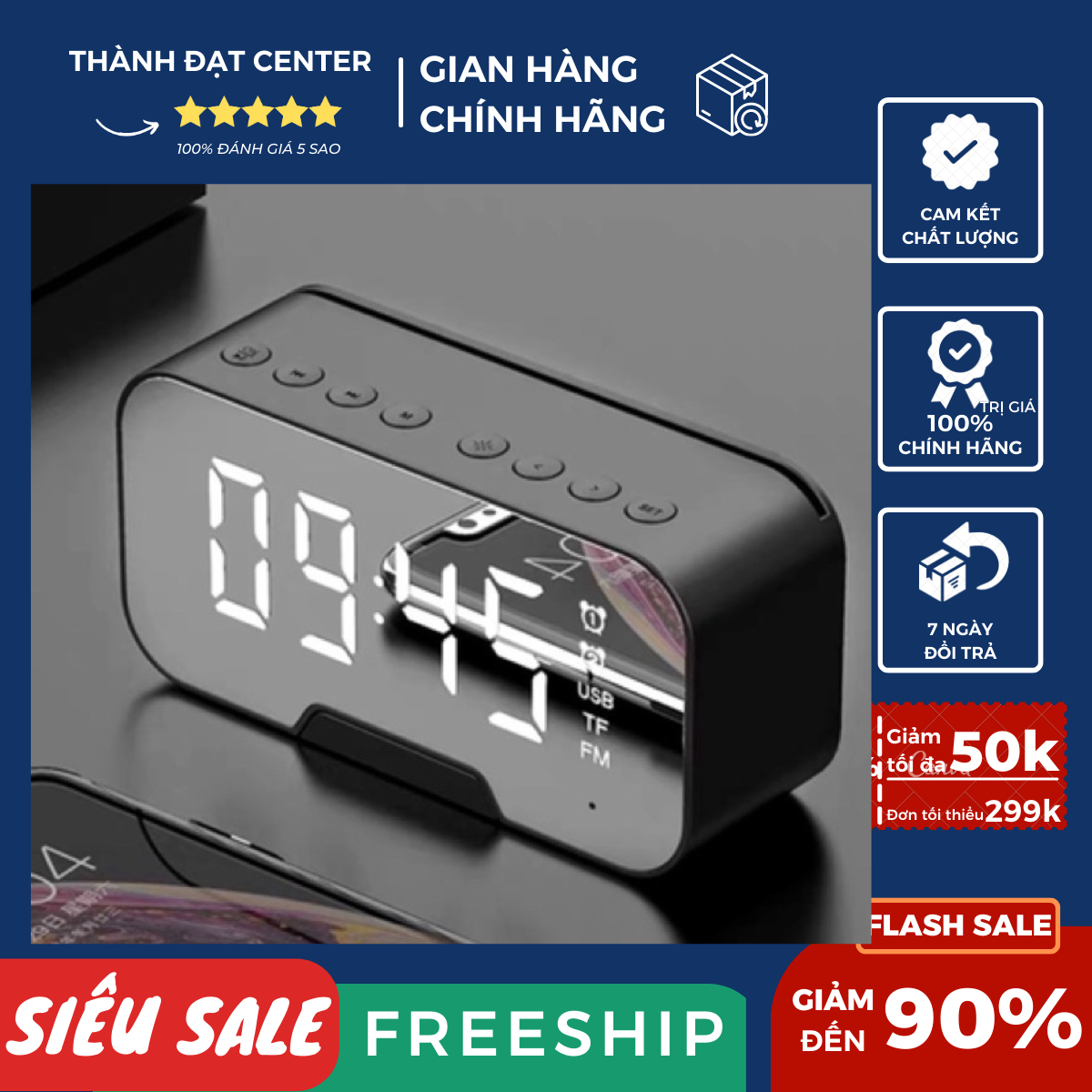 Loa bluetooth nghe đài FM kiêm đồng hồ báo thức đèn ngủ màn hình soi gương