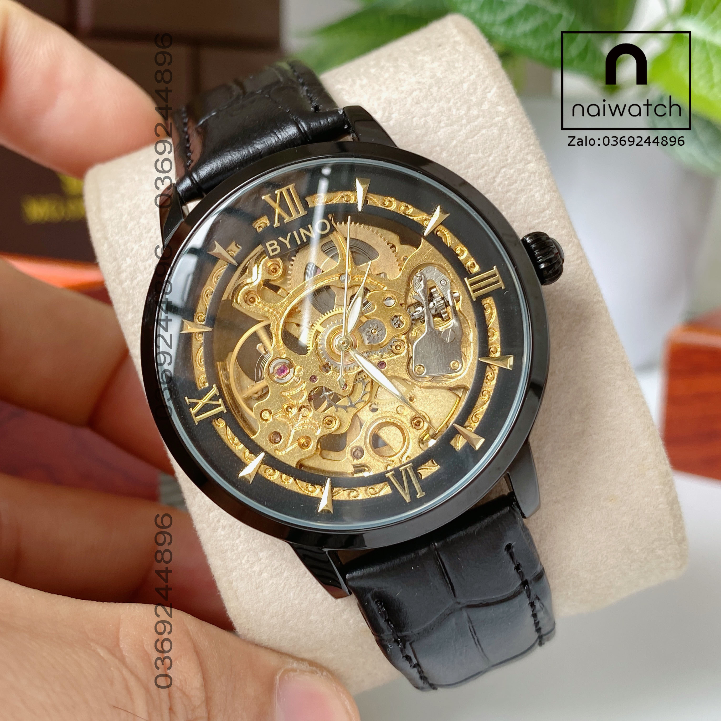 Đồng hồ nam Byino đen kiểu dáng tuyệt đẹp, cực hấp dẫn, máy cơ tự động 100% không dùng pin cực tiện lợi