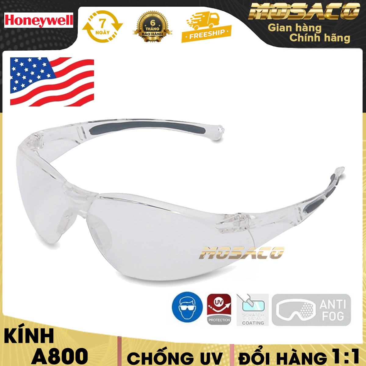 Kính bảo hộ Honeywell A800 trắng Kính được làm bằng chất liệu Polycarbonate có khả năng chống bụi chống các tia UV, UB lên tới 99,99% - MOSACO