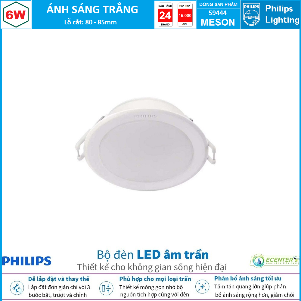 ĐÈN LED ÂM TRẦN 6W PHILIPS DOWNLIGHT 59444 MESON G3 D80 ( PHÂN BỔ ÁNH SÁNG TỐI ƯU – GIẢM CHÓI MẮT )