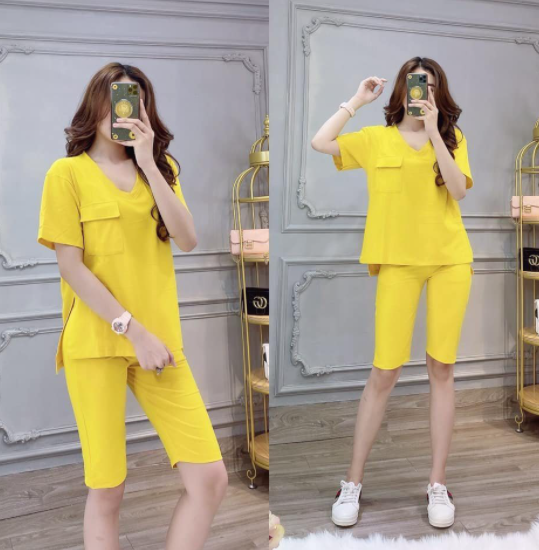 Đồ bộ nữ quần lửng &aacute;o xẻ t&agrave; phối t&uacute;i c&aacute; t&iacute;nh