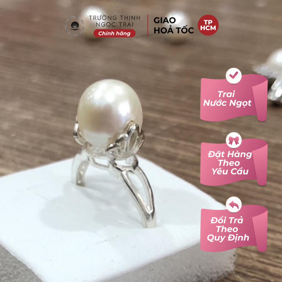 Nhẫn bạc 925 đính hạt 10ly trắng lớn - trường thịnh ngọc trai