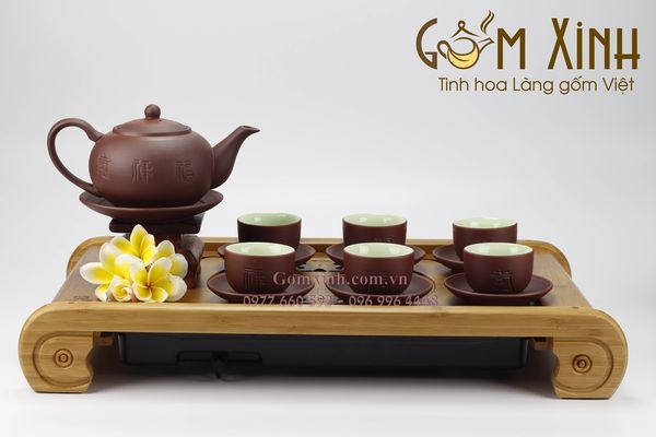 Bộ ấm chén Bát Tràng gốm tử sa Tống Phúc Lộc Thọ đỏ (Hàng Nghệ Nhân)