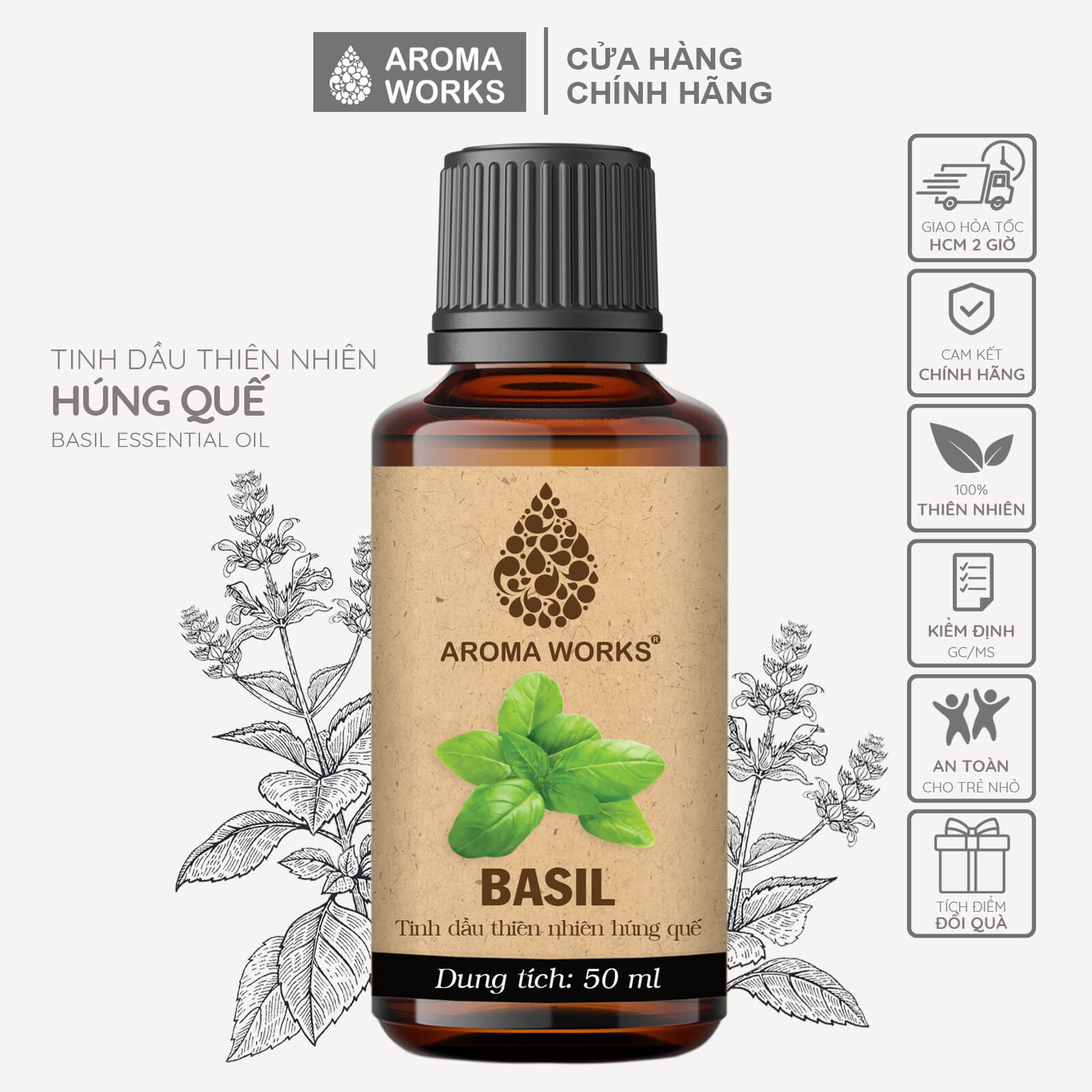 Tinh Dầu Húng Quế Xông Thơm Phòng, Khử Mùi, Giảm Mệt Mỏi, Giải Cảm, Massage Cơ thể Aroma Works Basil