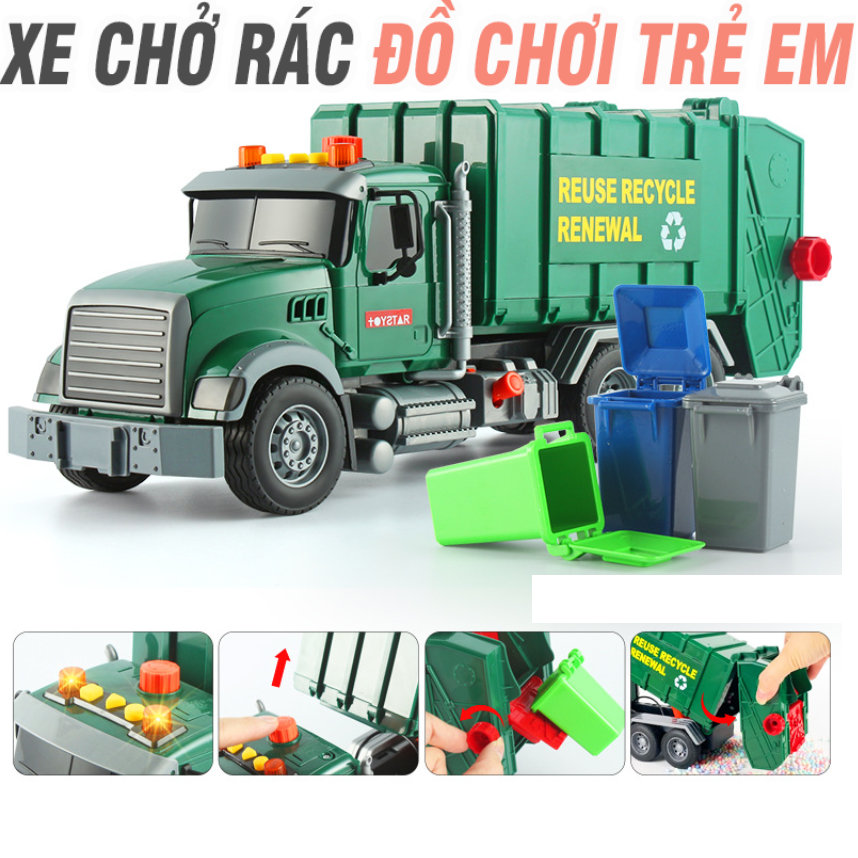 Mô hình xe chở rác bằng nhựa ABS xe đồ chơi trẻ em có âm thanh và đèn