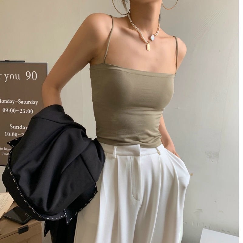 Áo 2 Dây Thun Lạnh Croptop Sợi Bún Đệm Nâng Ngực Dáng Ôm Thoáng Mát Mã 2066