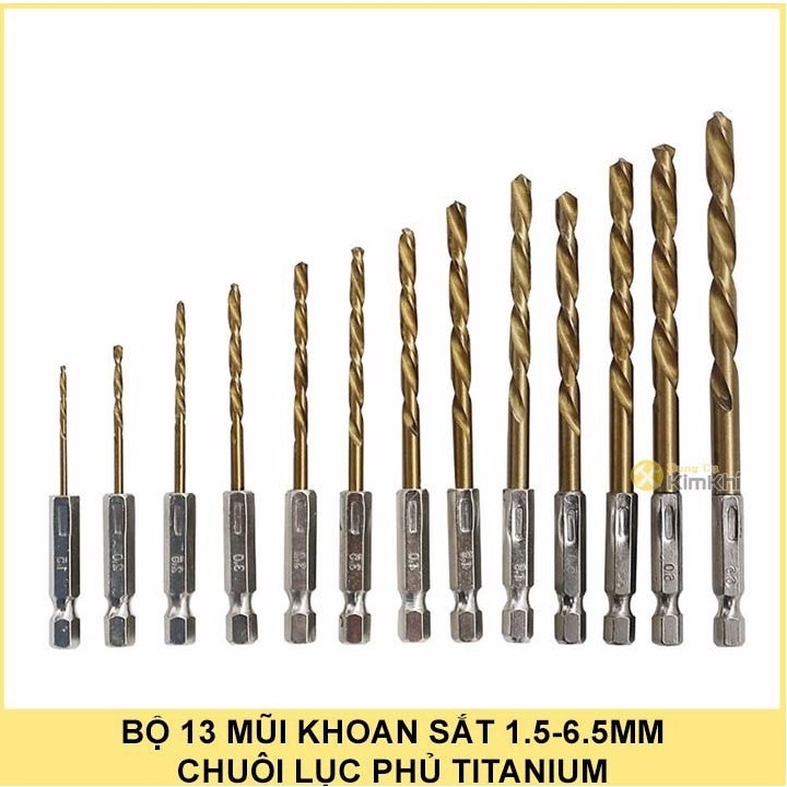 Bộ 13 Mũi Khoan Thép Gió HSS Titanium Chuôi Lục Giác phi 1.5 6.5mm