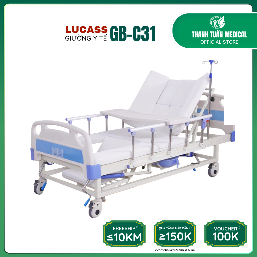 Giường Bệnh nhân 4 Tay Quay Lucass GB-C31 - Đa Chức Năng (Nghiêng trái và phải, nâng đầu, cân và có bô vệ sinh)